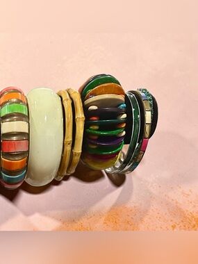 Vintage Chunky Boho Bangle Bracelet Stack Colorful Rhinestone Bamboo Wood 8 Pc